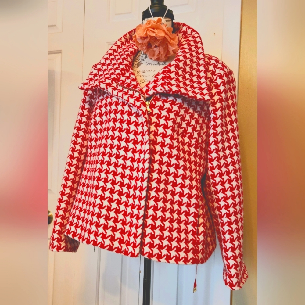 Talbots Moto Jacket Red White Houndstooth Size 16W Wool Pockets Zip Up